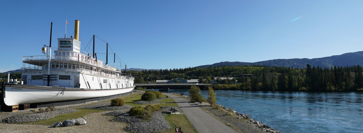 The historic SS Klondike steamboat on the banks of the Yukon River